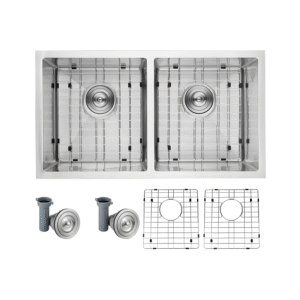 LAVISH D745 32″ Rectangular Stainless Steel Kitchen Sink – Double Basin, 18-Gauge 304 Stainless Steel, Undermount or Top Mount, Sound-Absorbing, Includes Basin Racks & Drain Assemblies