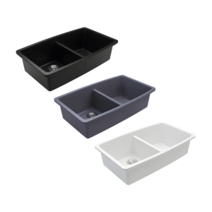 LAVISH U2-8451L 33″ Anthracite Undermount Double Bowl Bar Sink – SILGRANIT® Granite Composite, Scratch & Stain Resistant, Easy-Clean, Includes Strainer, Made in Canada